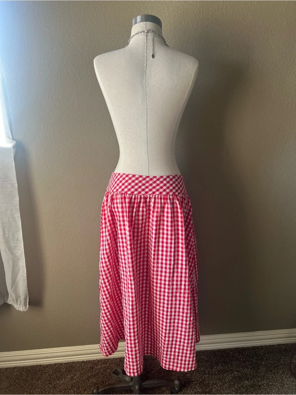 Red Gingham Ruched Western Boho Cottagecore Midi Skirt - Waist is about 28”